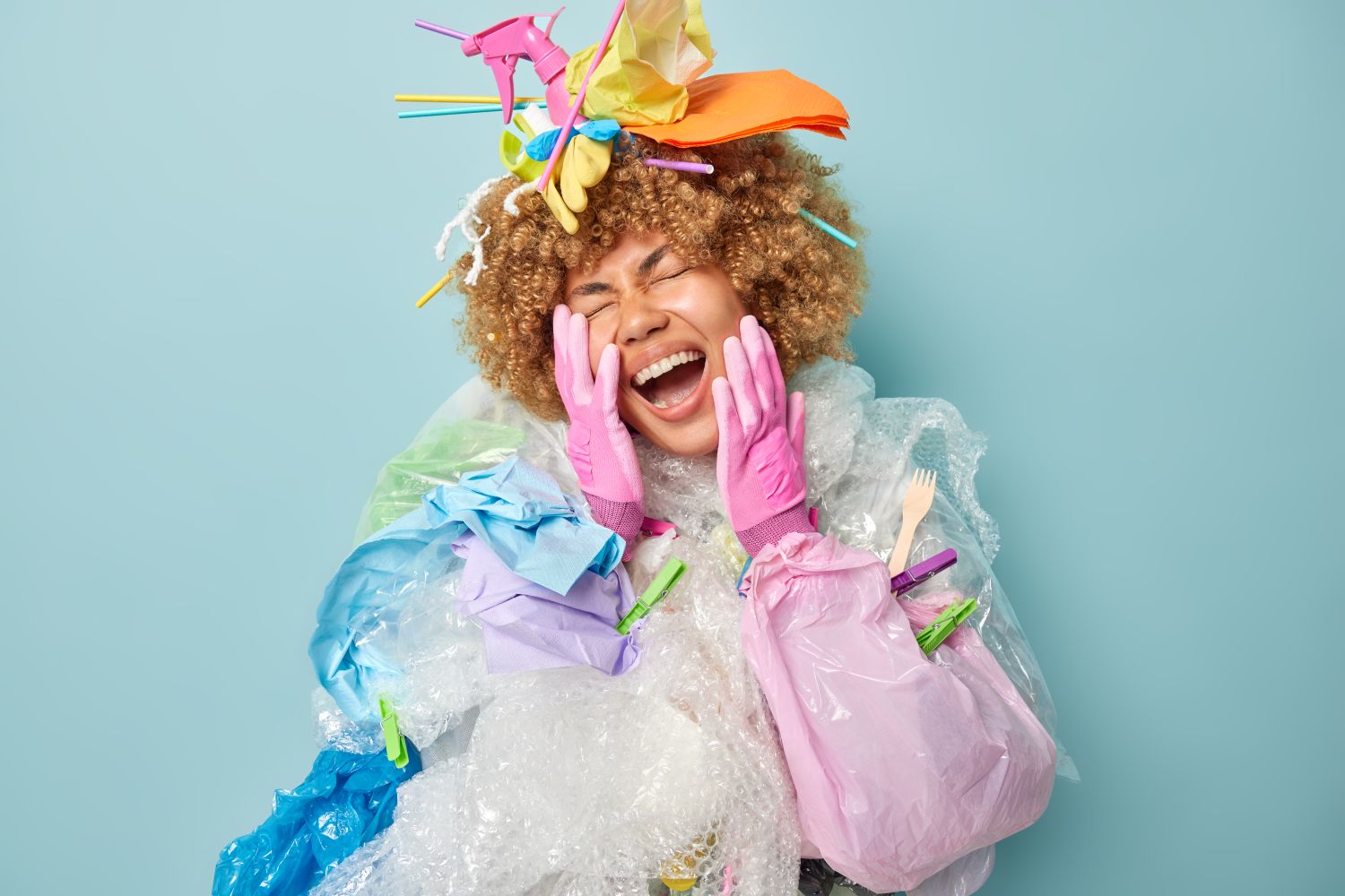 Woman covered in shower caps